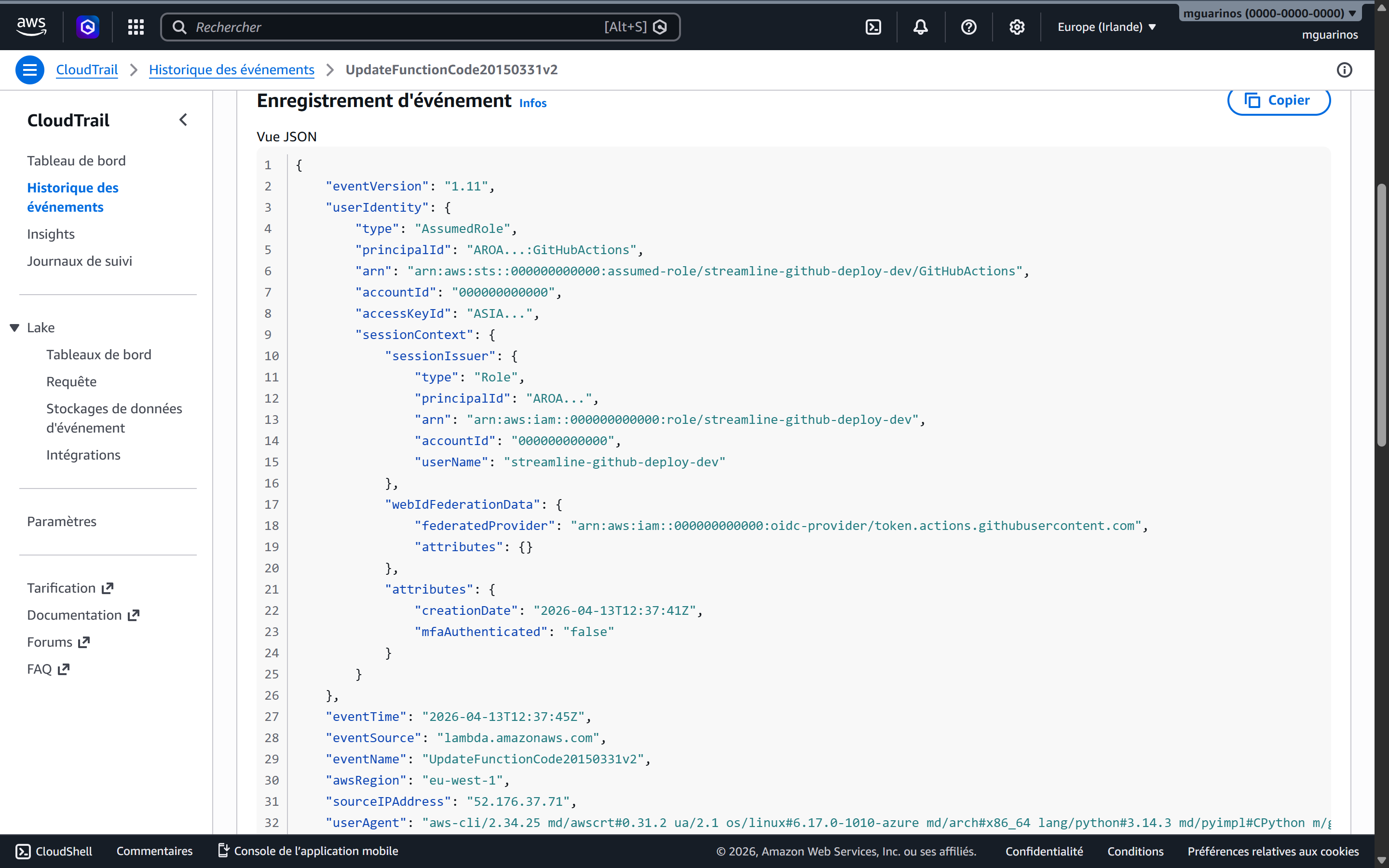 AWS CloudTrail event showing UpdateFunctionCode triggered by GitHubActions with a temporary ASIA access key and the runner's source IP
