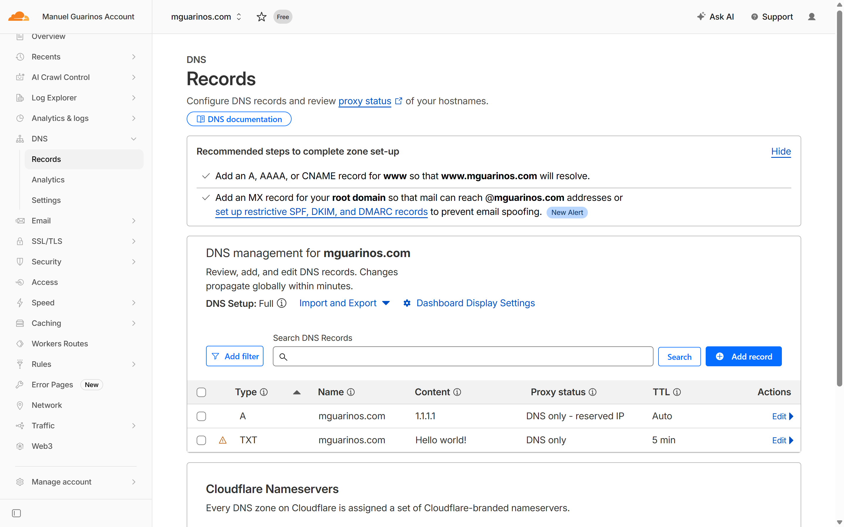 Cloudflare DNS dashboard showing a list of DNS records for a zone