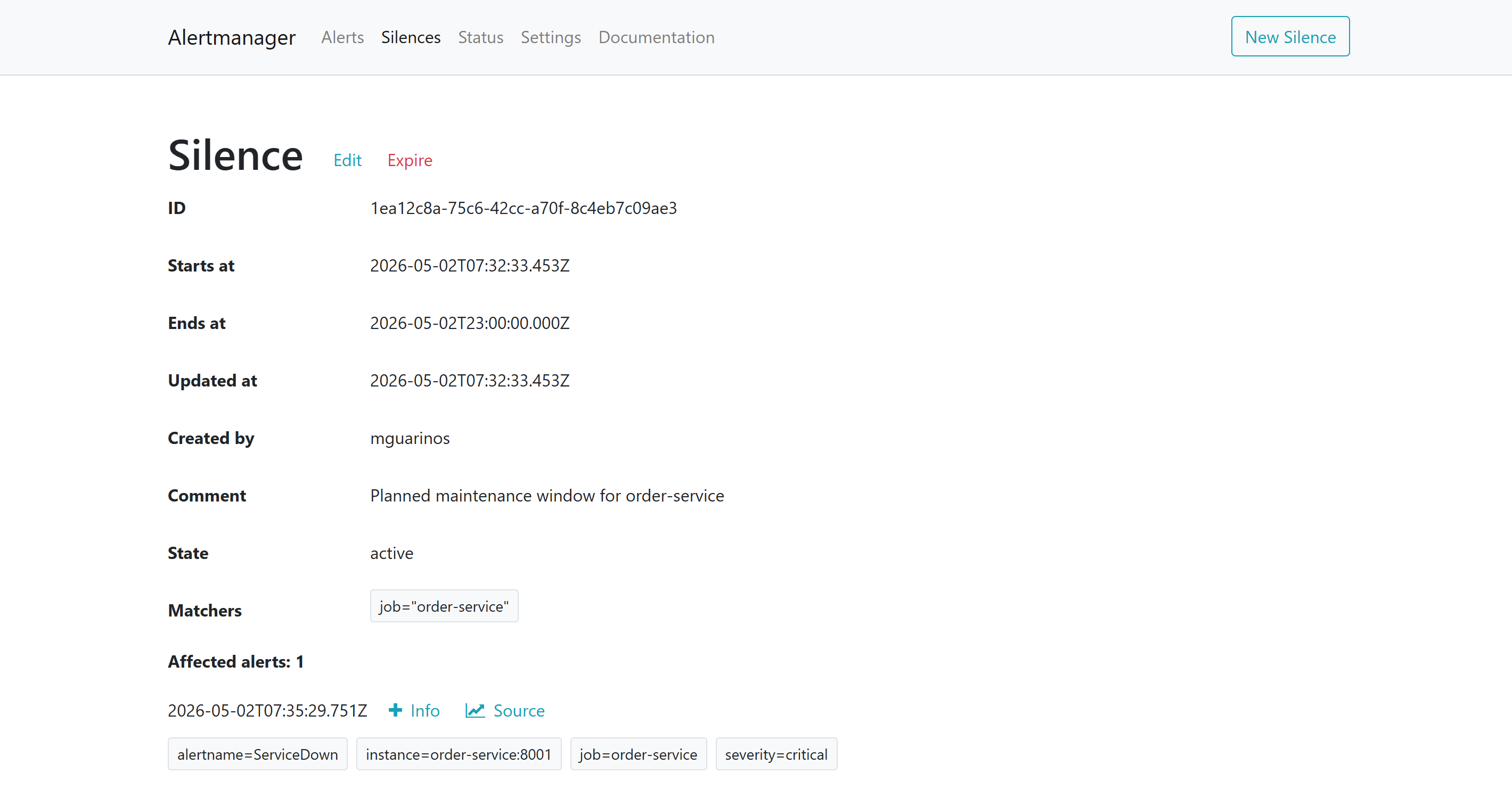 Alertmanager UI showing the Alerts tab with an active alert group and the Silences tab with a configured silence
