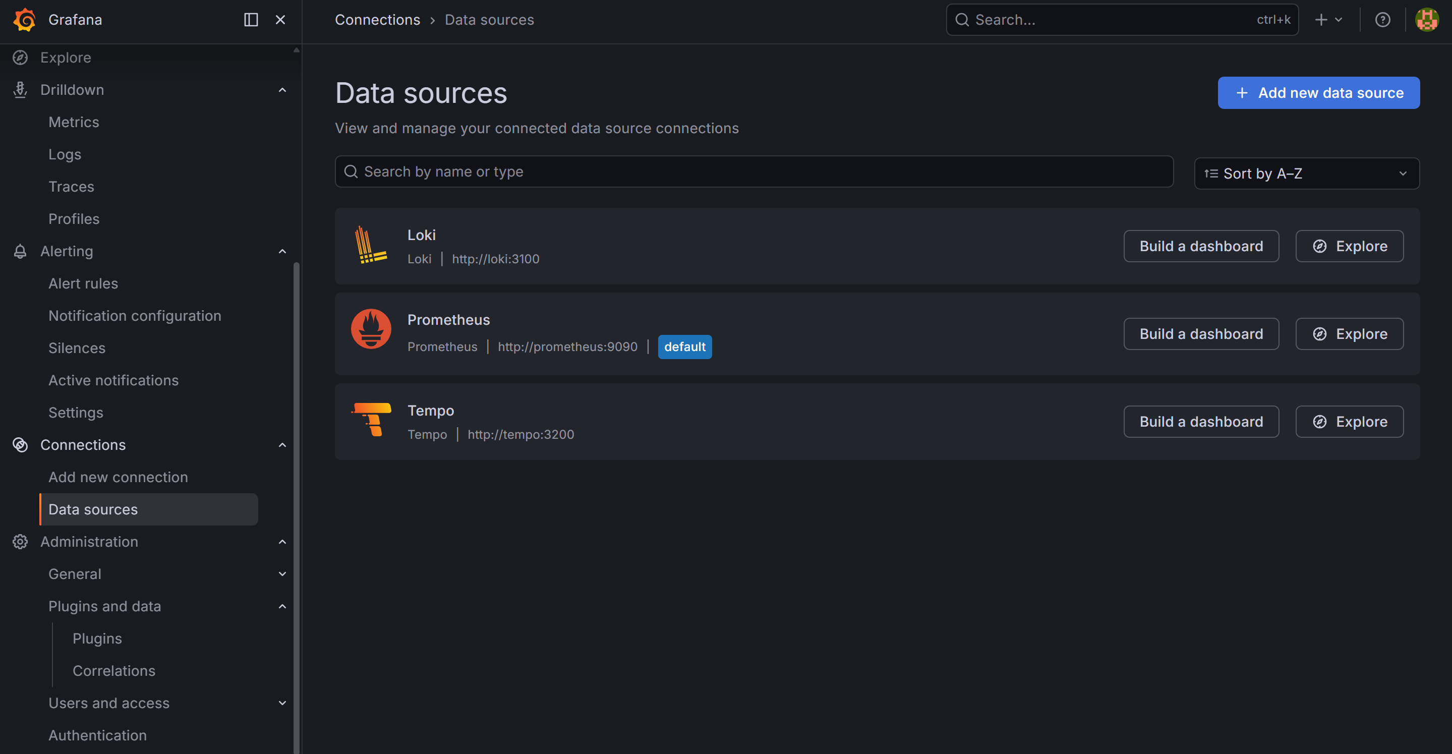 Grafana data sources list showing Prometheus, Loki, and Tempo with green health check indicators