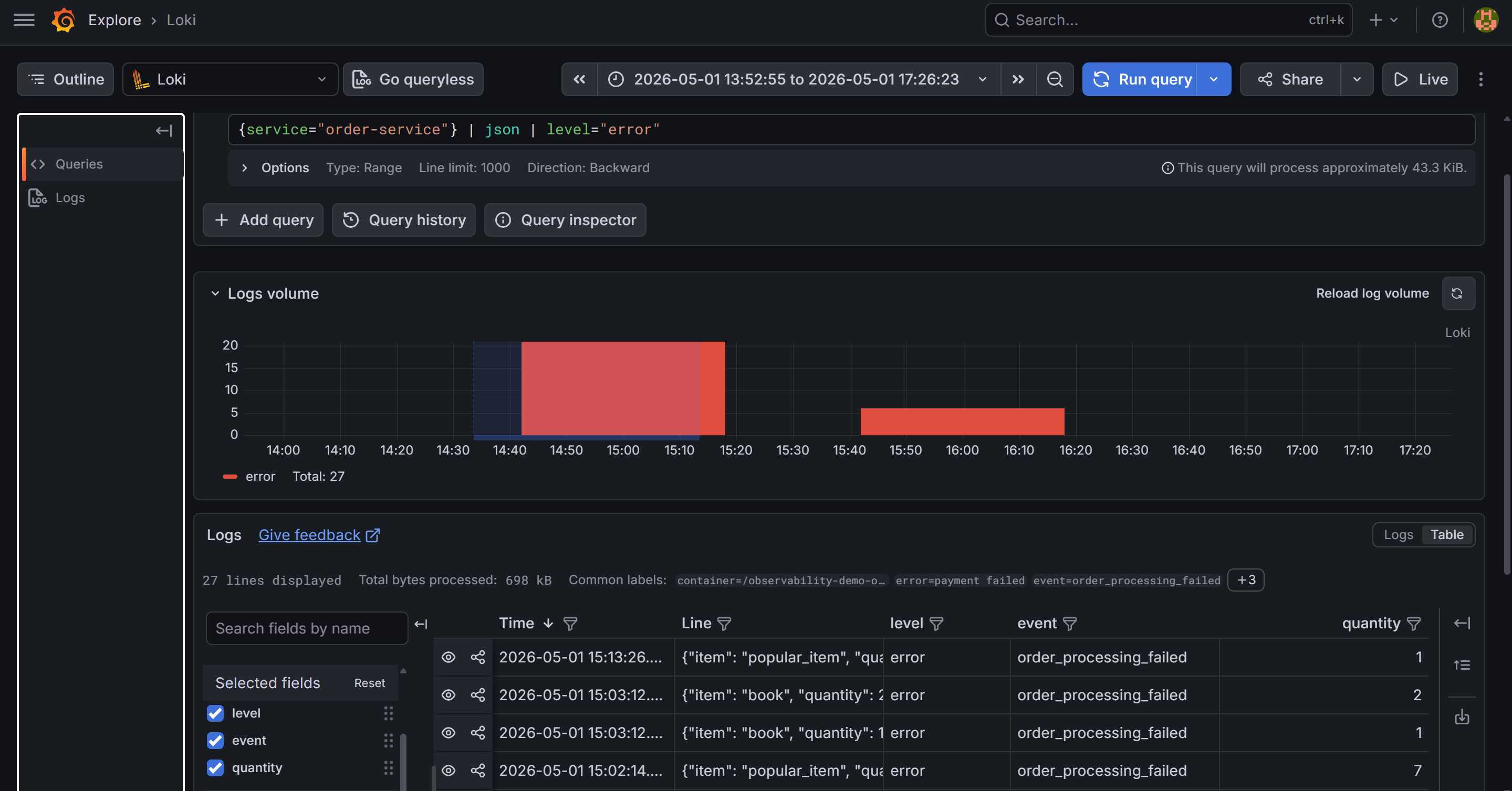 Grafana Explore showing Loki query results for order-service error logs