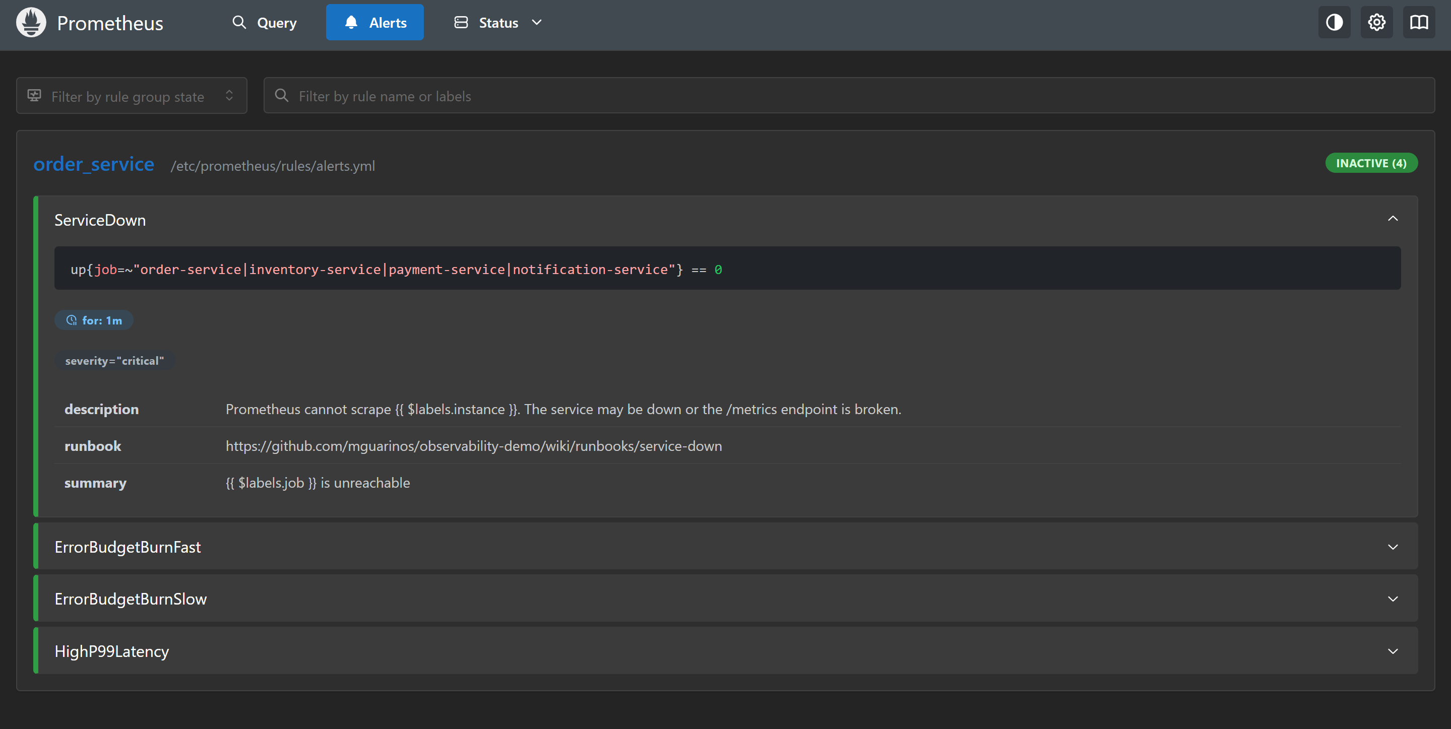 Prometheus Status → Alerts page showing the four alert rules