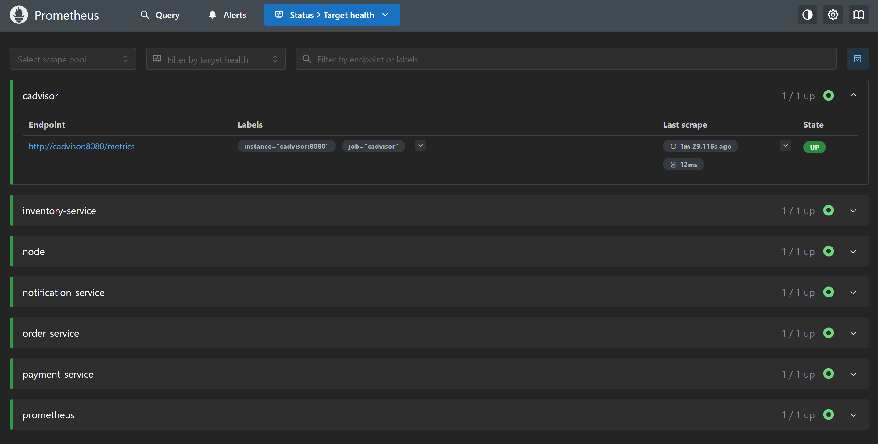 Prometheus Status → Targets page showing all eight jobs with green UP status