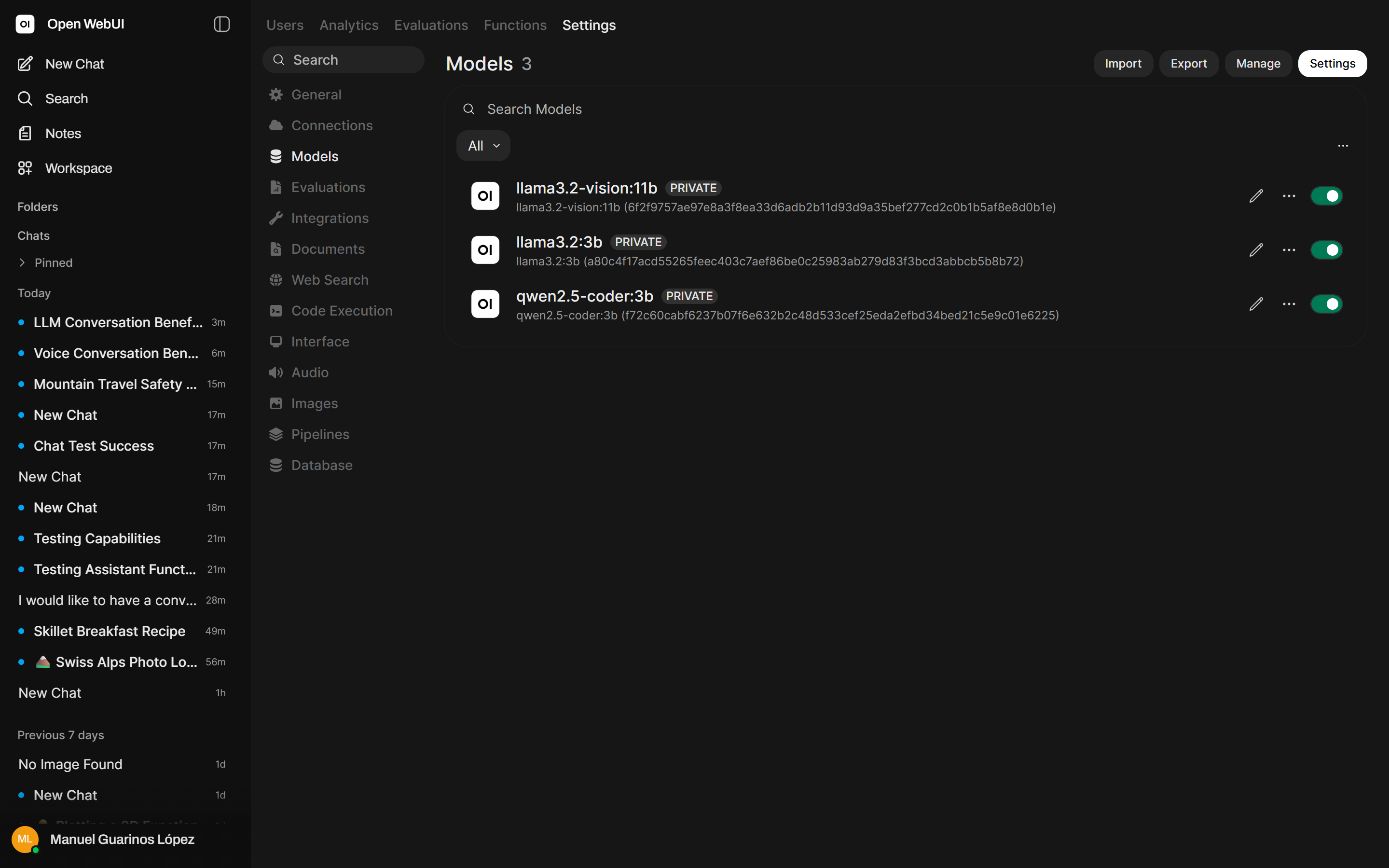 Open WebUI model list showing available Ollama models