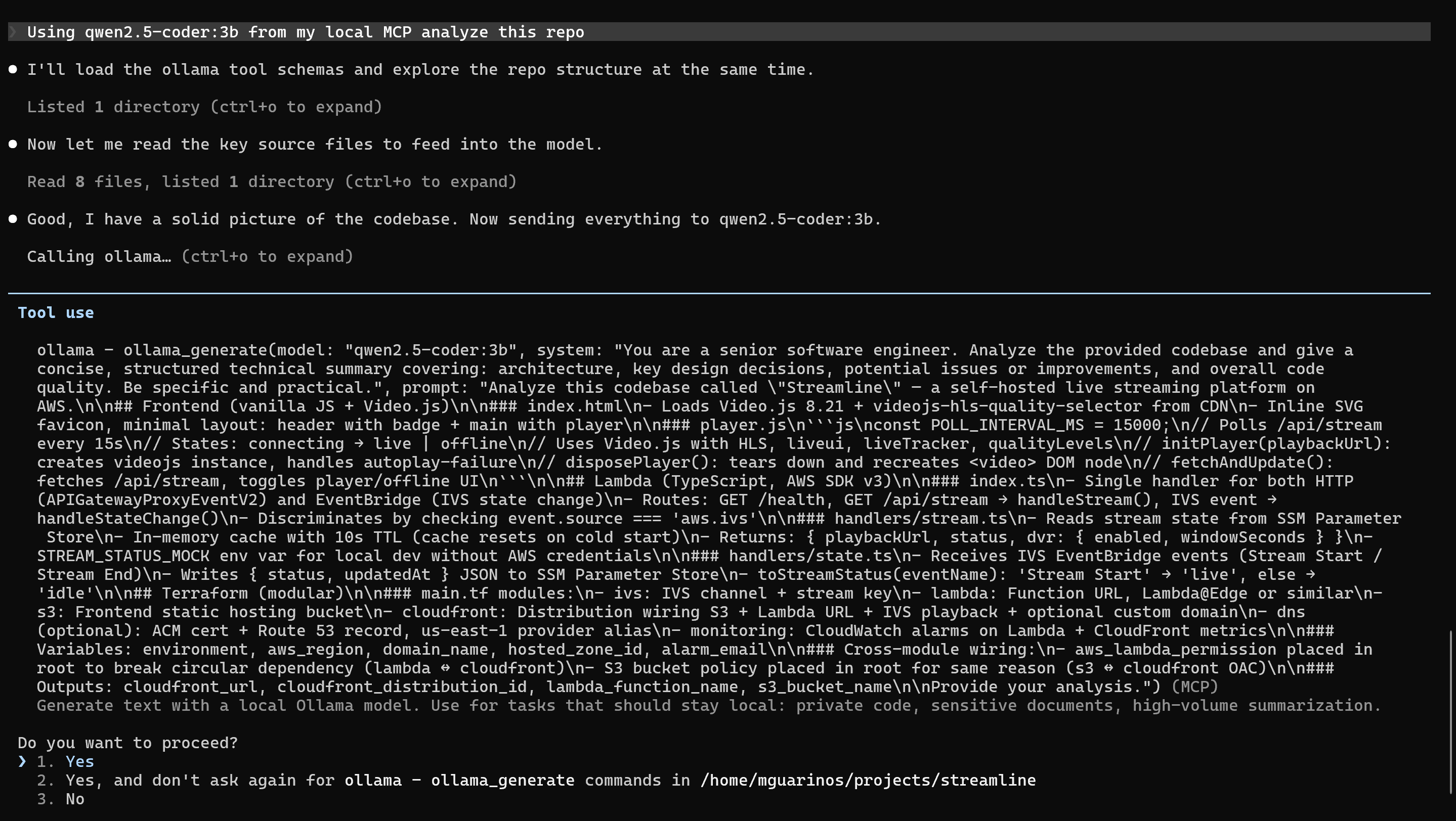 Claude Code session — invoking ollama_generate tool