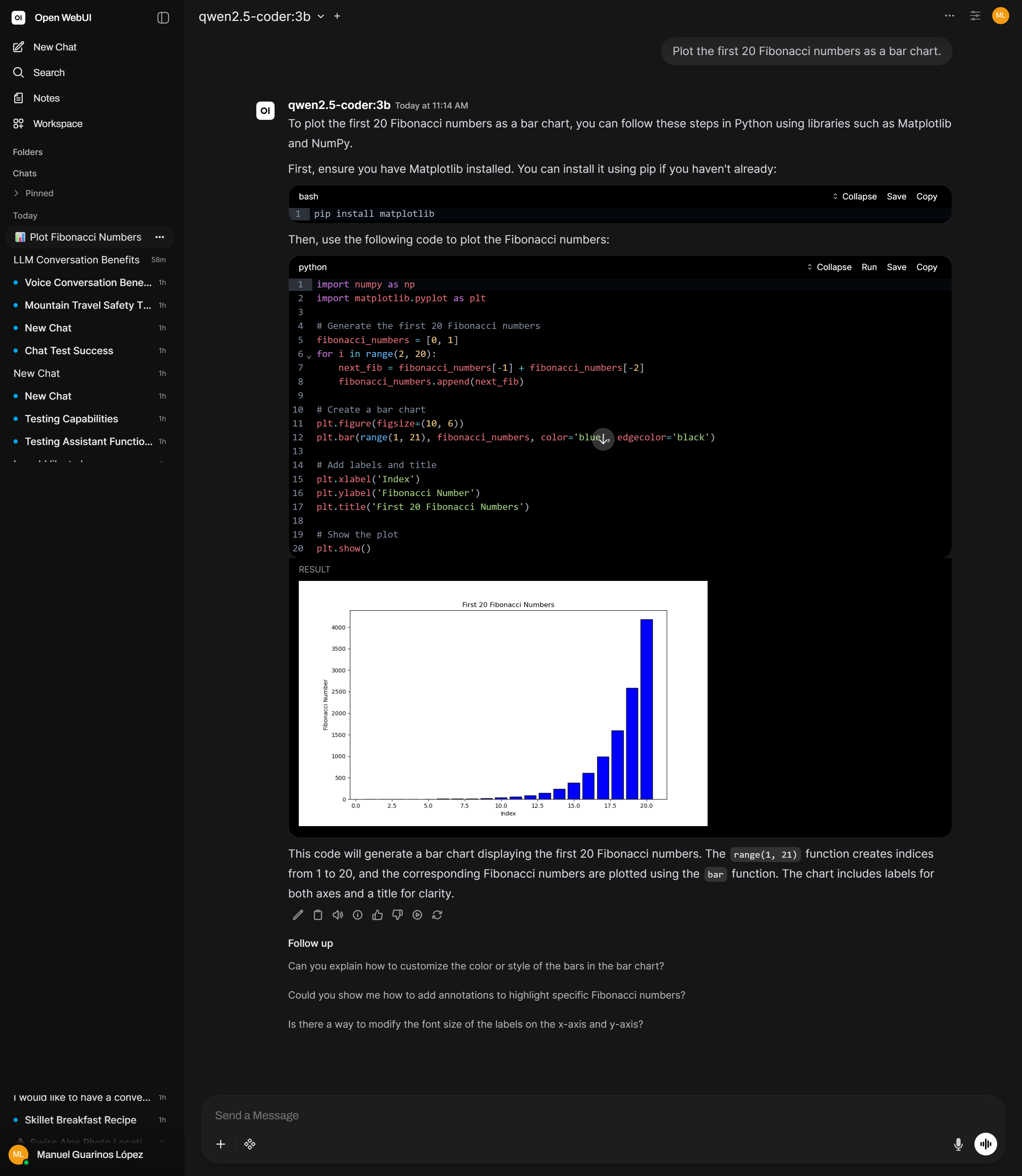 Open WebUI code execution showing a Fibonacci bar chart generated and rendered inline
