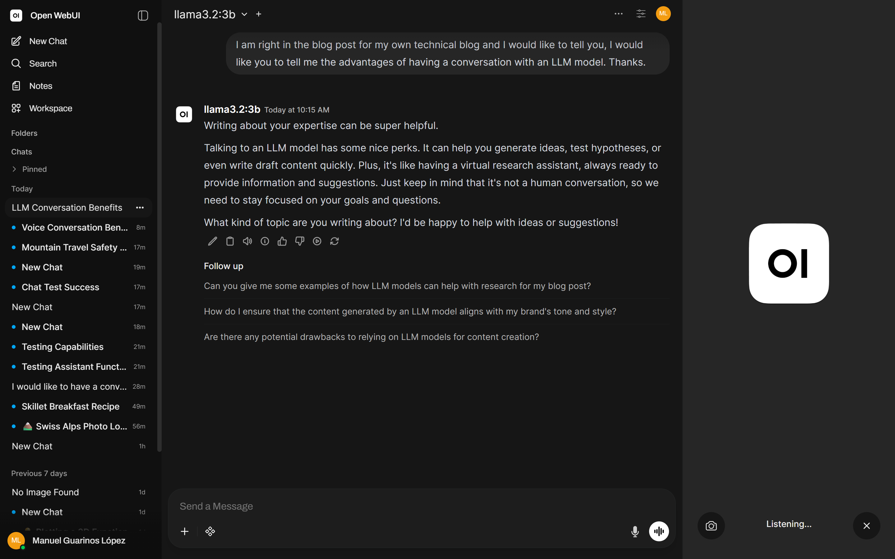Voice conversation in Open WebUI — microphone input transcribed and response read aloud