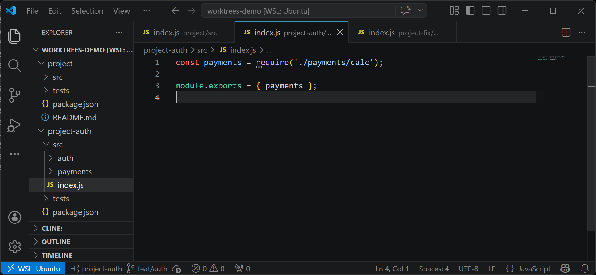 VS Code with a worktrees-demo workspace open, showing three editor tabs from three different worktrees — project/src, project-auth, and project-fix — and the status bar at the bottom showing project-auth on branch feat/auth
